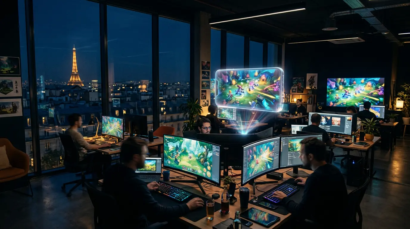 The Team Elite studio in Paris at night, screens glowing with mobile games